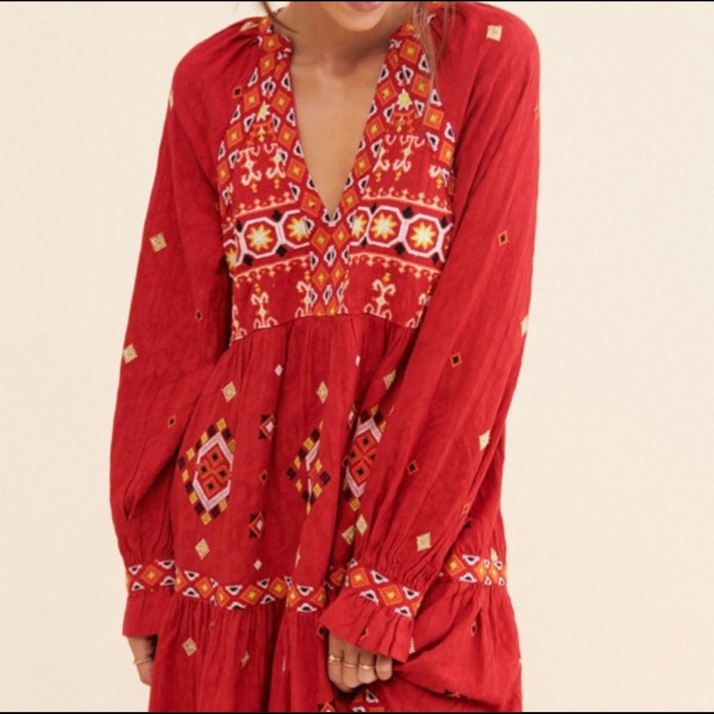 Anthropologie Red Embroidered Tunic Dress L